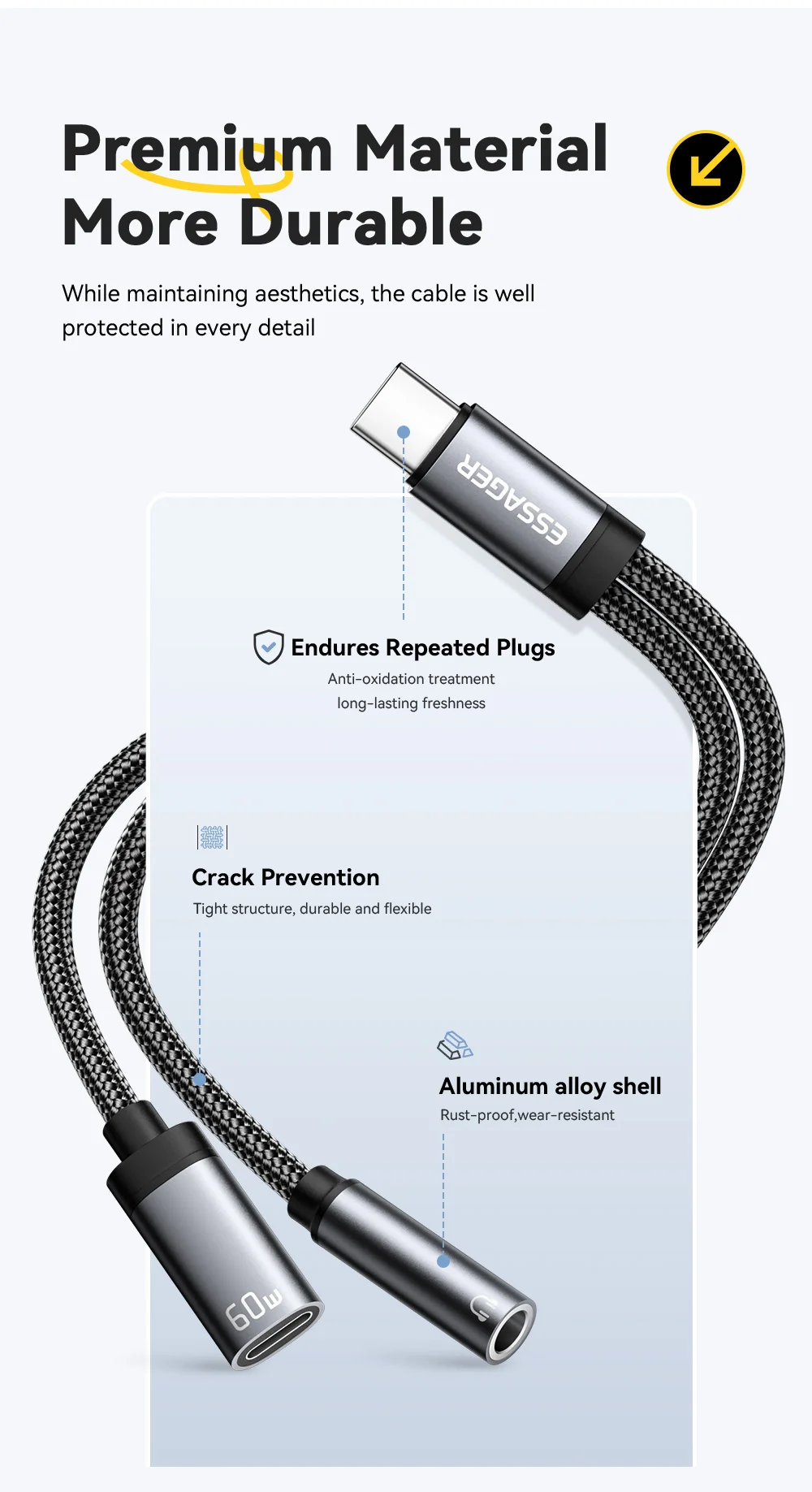 Essager 2 in 1 Type C to 3.5mm AUX Cable Headphone Adapter PD 60W Fast Charging for iPhone 16 15 Samsung Xiaomi 14 13 Tablet PC Essager 2 in 1 Type C to 3.5mm AUX Cable Headphone Adapter PD 60W Fast Charging for iPhone 16 15 Samsung Xiaomi 14 13 Tablet PC