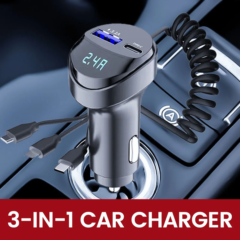 

55W 2 Ports USB Fast Car Phone Charger 3.1A with Voltage Display Car Three In One USB Retractable Charging Cable