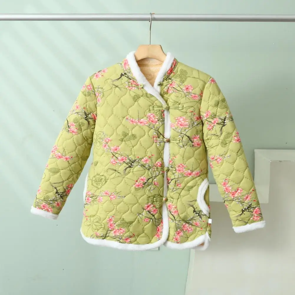 

Women Cotton Jacket Fall Winter Floral Print Thick Warm Fleece Lining Plush V Neck Knot Button Pocket Ladies Long Sleeves Quilte