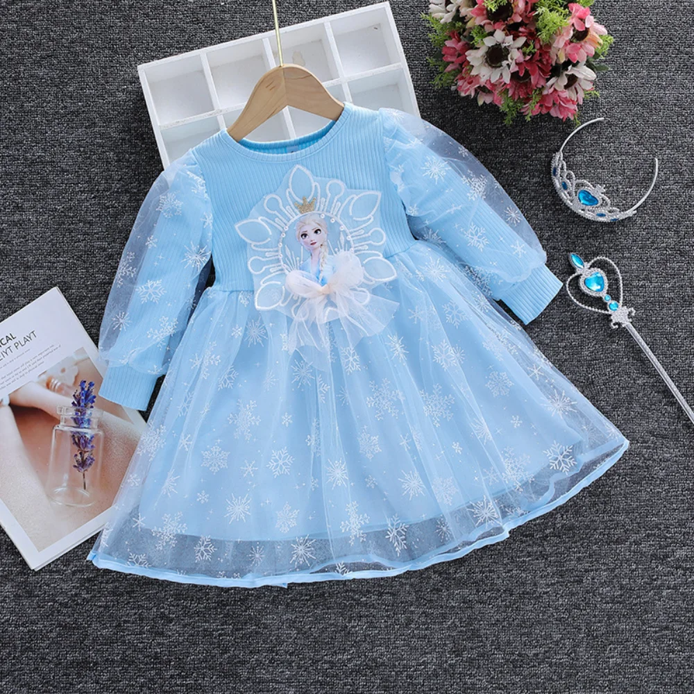 

Disney Frozen Elsa Princess Dress Long Sleeve Spring Fall Mesh Patchwork Knitted Birthday Dresses Children's 2-11 Years Clothing