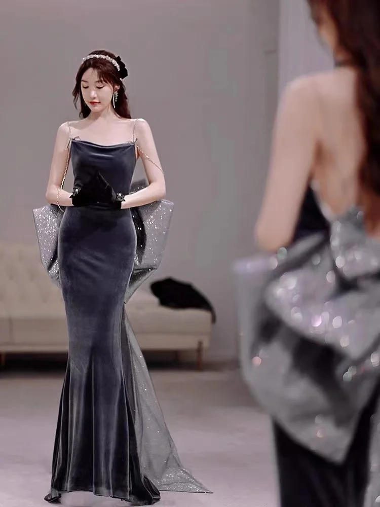 Robe De Soiree Velvet Mermaid Prom Evening Dress Boat Neck Elegant Spaghetti Strap Sleeveless Classic Sweep Brush Train With Bow
Robe De Soiree Velvet Mermaid Prom Evening Dress Boat Neck Elegant Spaghetti Strap Sleeveless Classic Sweep Brush Train With Bow