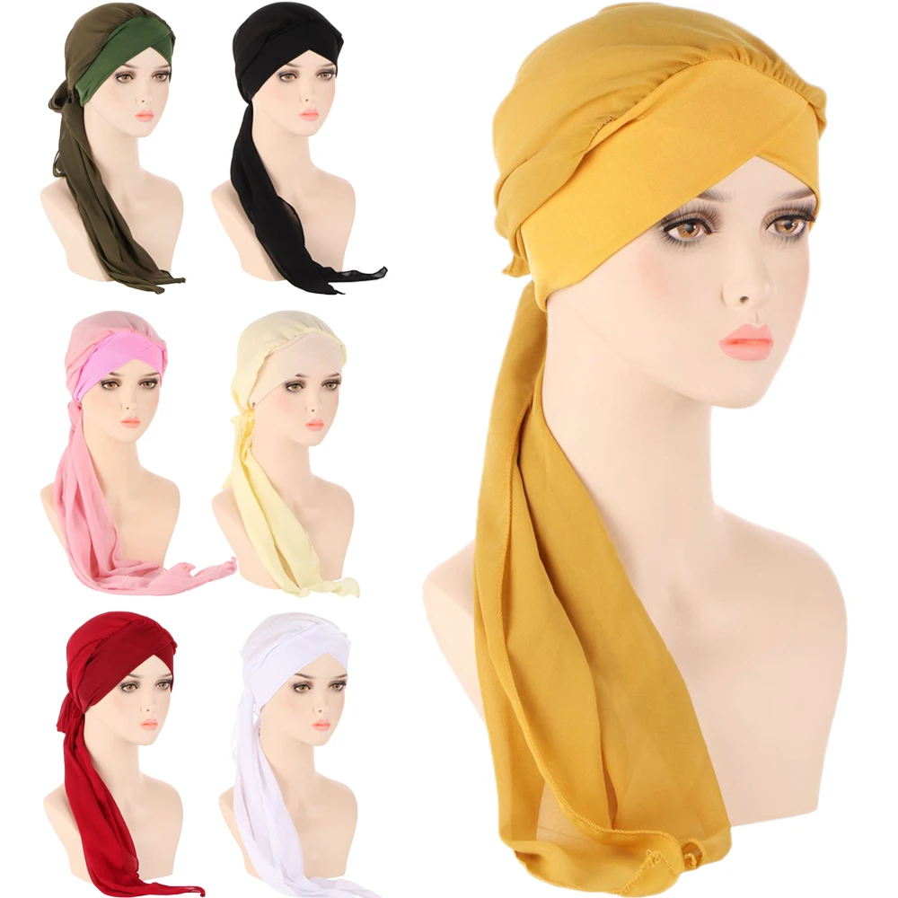 

New Pre-Tied Hat Women Muslim Long Tail Hijab Turban Islamic Headscarf Bonnet Chemo Cap Hair Loss Cover Bandanas Turbante Mujer