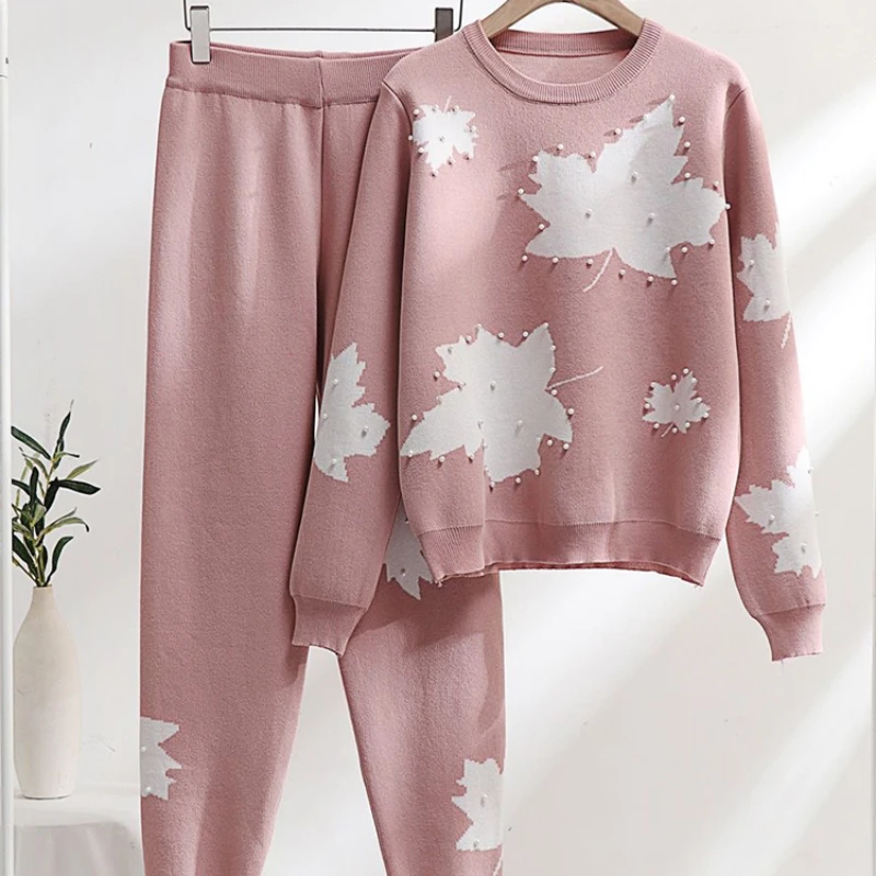 

Beading Sweater 2 Piece Sets Women Maple Leaf Print Knitwear Jumper Suits High Waist Knit Jogger Pants Conjunto Z75