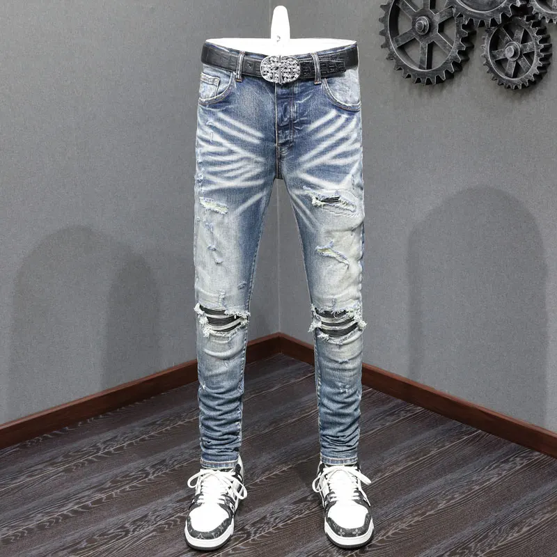 

High Street Fashion Men Jeans Retro Blue Stretch Skinny Fit Ripped Jeans Men Leather Patched Designer Hip Hop Brand Pants Hombre
