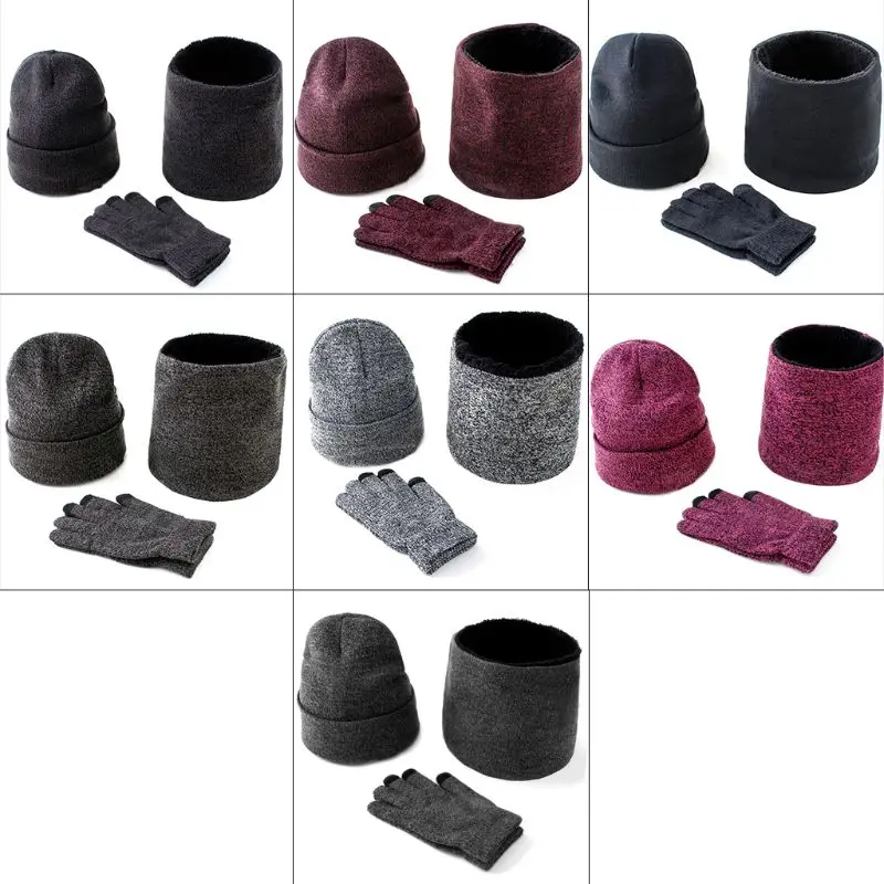 

Mens Womens 3Pcs Knitted Cuffed Beanie Hat Scarf for Touch Screen Gloves Set Thicken Plush Collar Neck Warmer Mitten