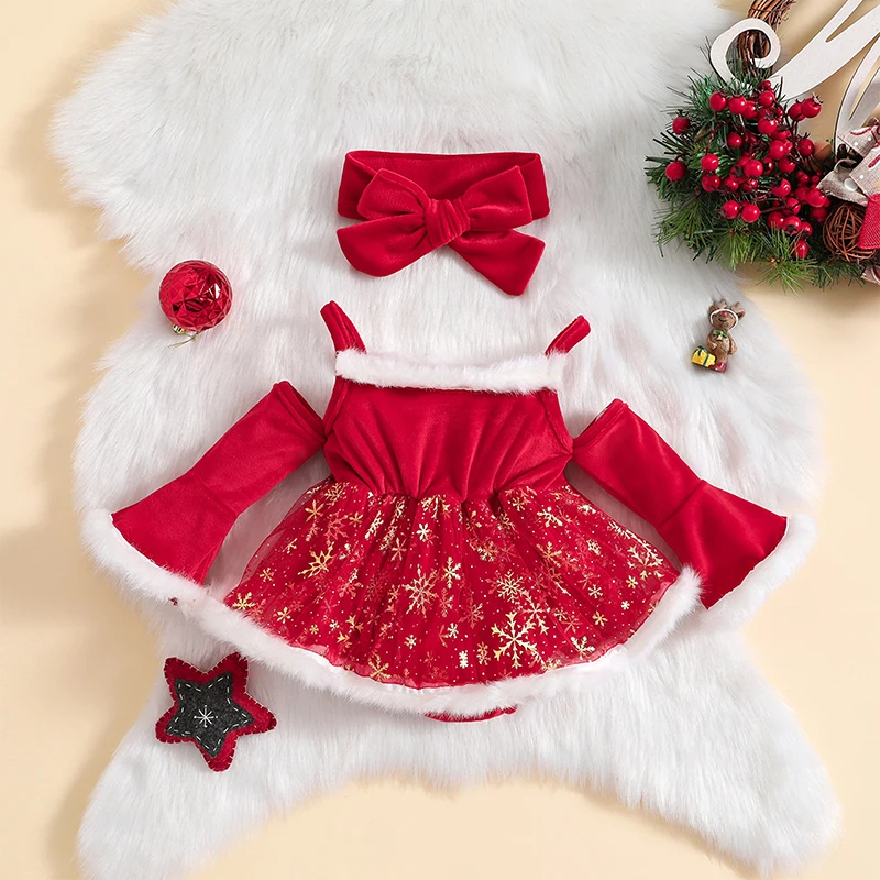 

Jkerther Infant Baby Girls Christmas Romper Dress Velvet Ruffle Long Sleeve Patchwork Tutu Jumpsuit with Bow Headband Set