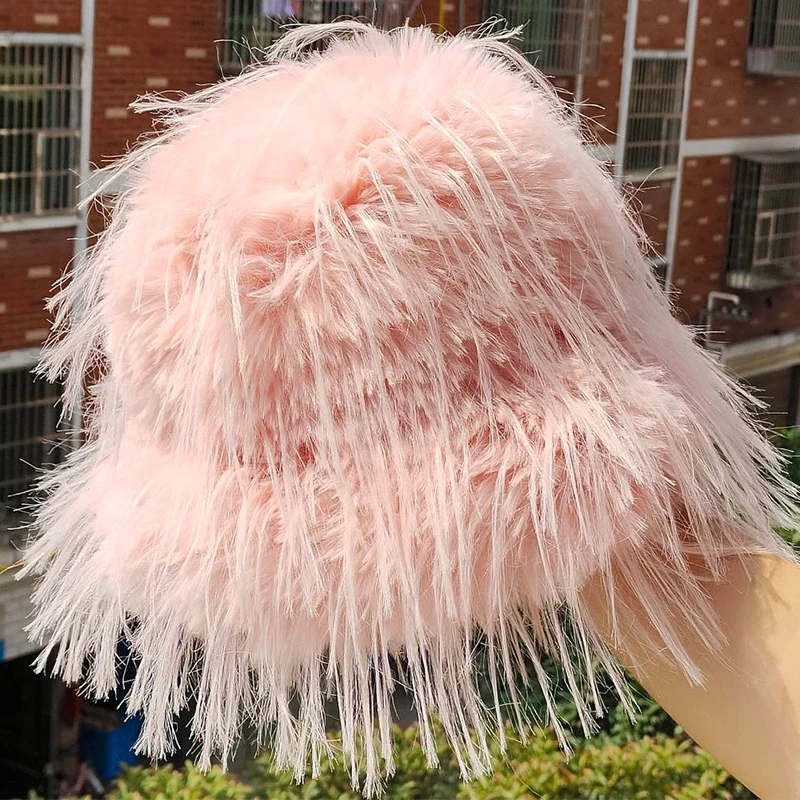 

Plush and fluffy bamboo hat for women's autumn and winter artificial fur hat Fashion plush tassel fairy fisherman hat