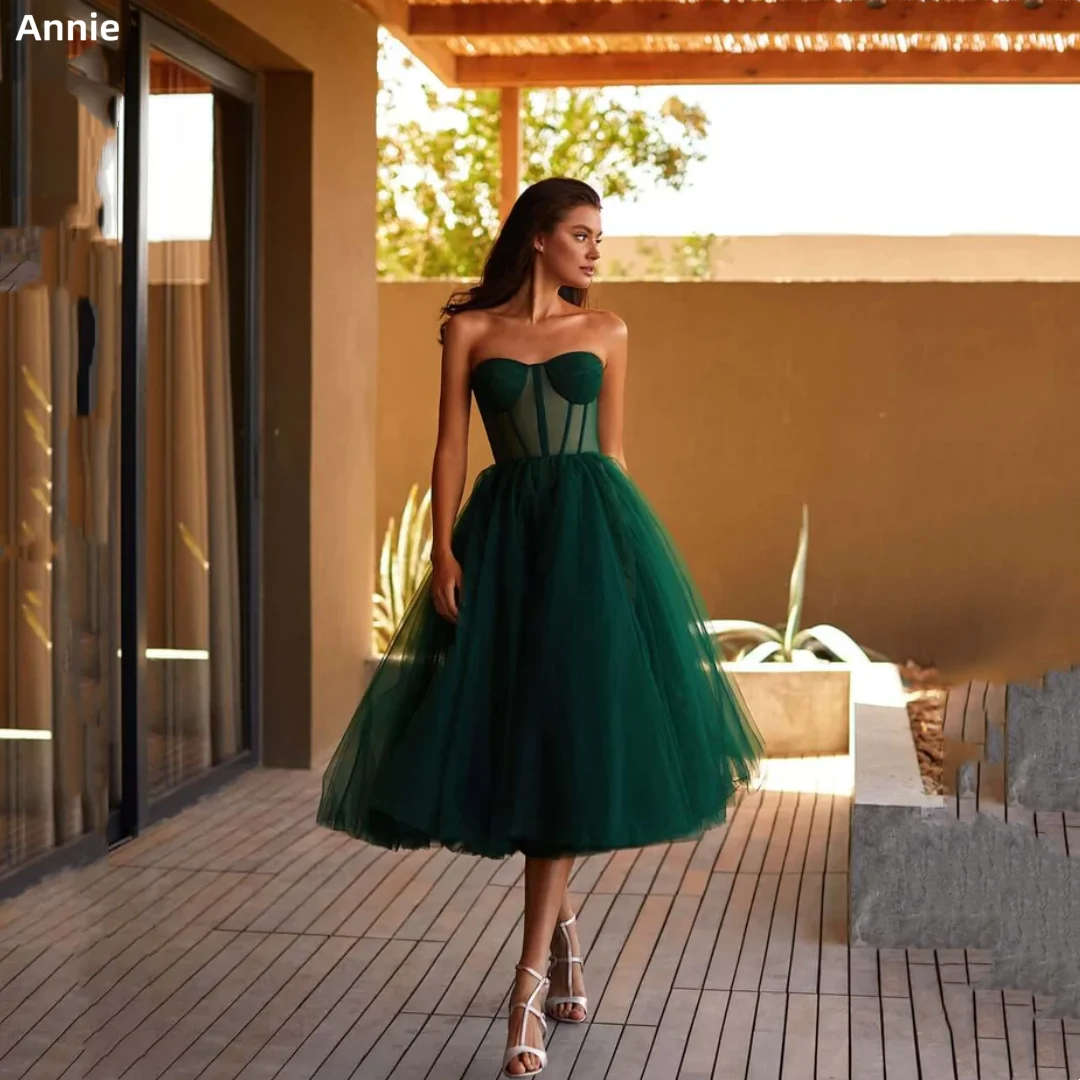 

Annie Green Tube Top Party Dresses Tulle Strapless Ball Gown Vestido Coctel Mid Length Back Bandage فساتين للحفلات الراقصة