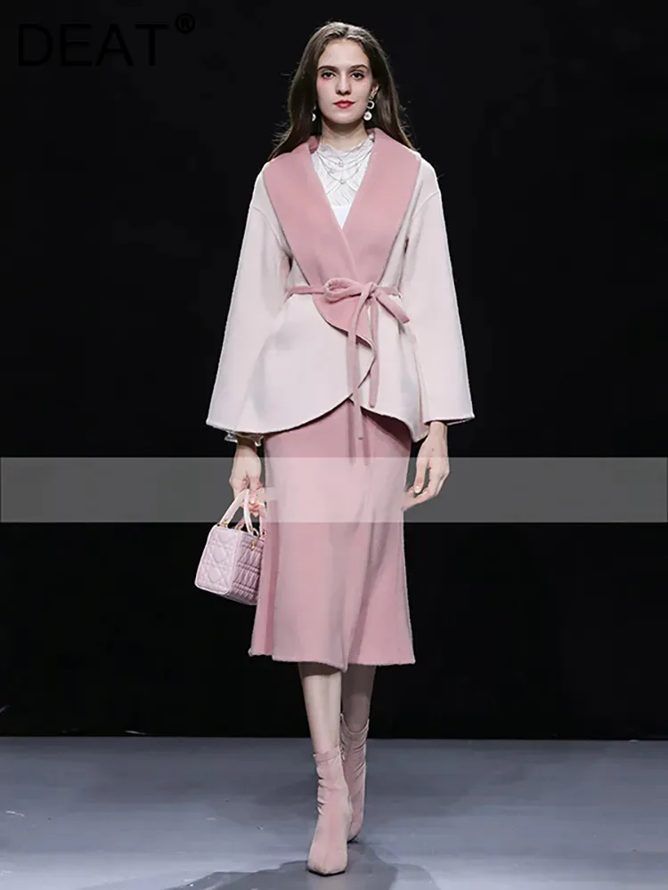 DEAT Women's 2 Pcs Set Lapel Long Sleeve Lace-up Waist Two-sided Contrast Color Coat Tweed Skirt Suit Autumn 2023 New 13DB3774
DEAT Women's 2 Pcs Set Lapel Long Sleeve Lace-up Waist Two-sided Contrast Color Coat Tweed Skirt Suit Autumn 2023 New 13DB3774