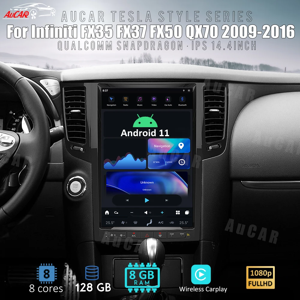 

AuCar 14.4 Inch Tesla Style Car Radio Android 11 GPS Navigation Head Unit For Infiniti FX35 FX37 FX50 QX70 2009-2016