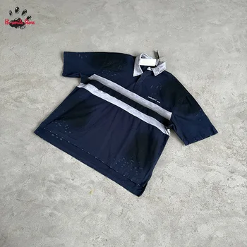 Símbolo musical: Camiseta masculina fashion de verão impressa em 3D, criativa, estilo Harajuku, casual, manga curta, gola clássica e solta 9 Streetwear Project G/R Lapel T-shirt Letter Embroidery Logo Washed Do Old Heavy Fabric Damaged Short Sleeve Tee Men Woman