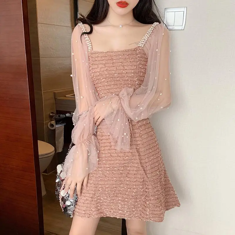 

Elegant Gauze Spliced Beading Flare Sleeve Party Dress Women's Clothing 2024 Spring Summer New Loose Office Lady Princess Dress