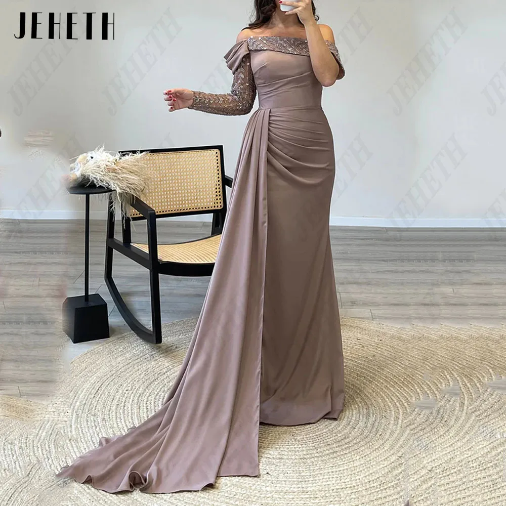 

JEHETH Off Shoulder Prom Dress Saudi Arabia Boat Neck Mermaid Satin Beading Side Split Evening Gowns فساتين سهره فاخره 2024