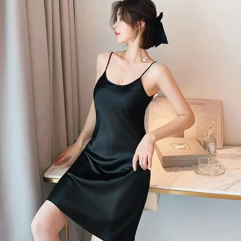 

2024 New Top Spring Summer Woman Tank Dress Casual Satin Sexy Camisole Elastic Female Home Beach Dresses Camis Sexy Dress
