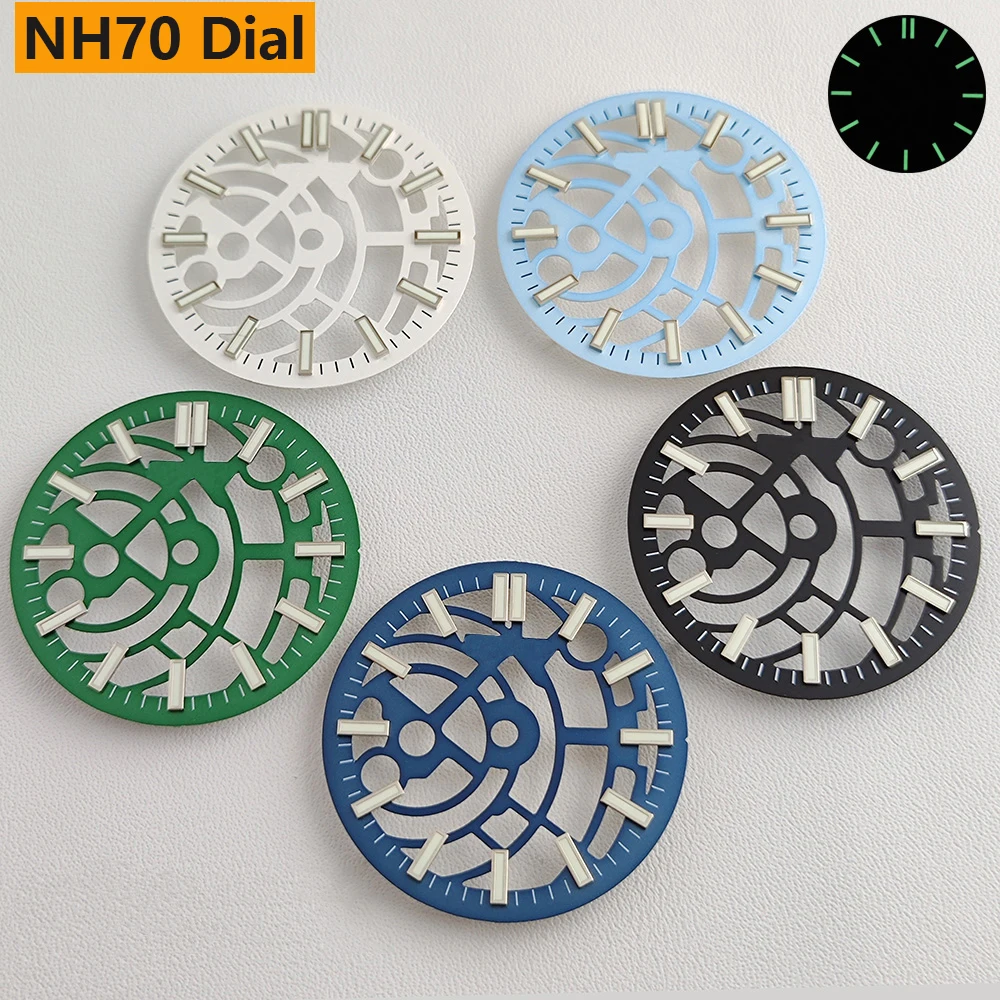 NH70 dial 28.5mm hollow out dial green luminous dial Watch dial Suitable for NH70 NH72 movement watch accessories
NH70 dial 28.5mm hollow out dial green luminous dial Watch dial Suitable for NH70 NH72 movement watch accessories