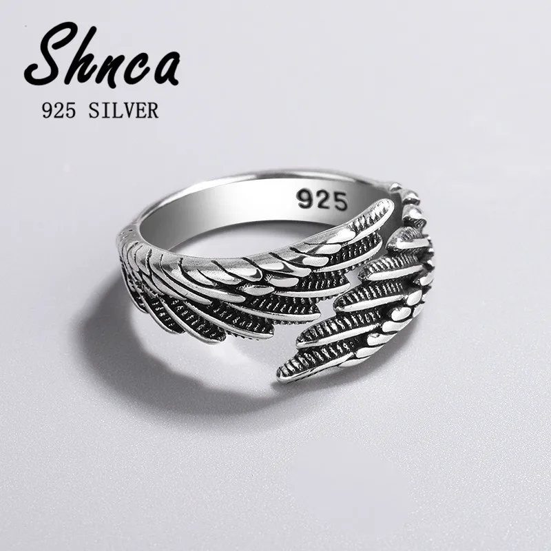 

925 Sterling Silver Angel Wings Feather Thai Silver Open Rings For Women Girl Female Open Rings For Women Bague LR039