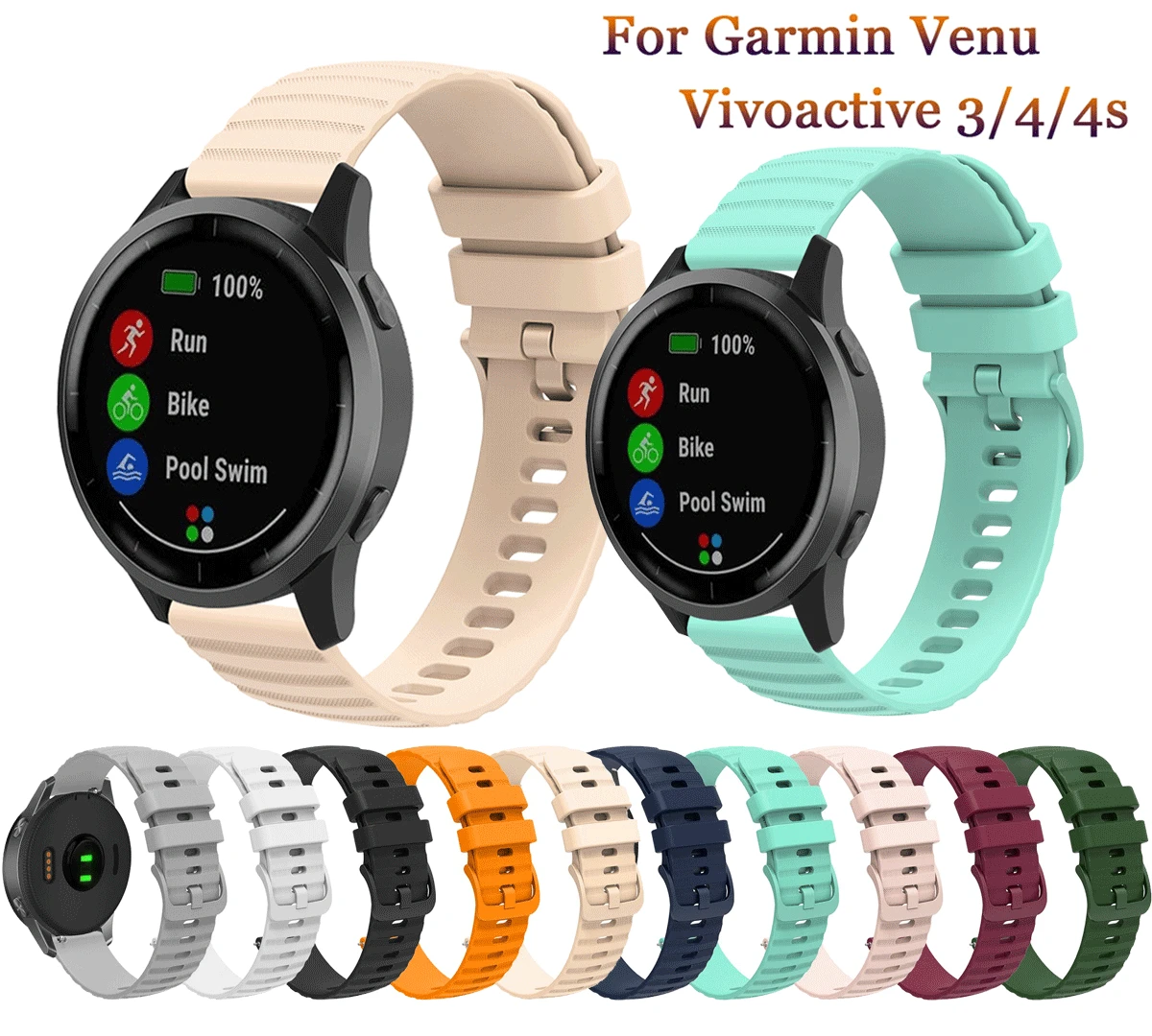 

18mm 20mm 22mm Silicone Strap For Garmin Vivoactive 3 4 4s Band Watch Venu for Samsung Active Huawei watch GT 2 46mm Amazfit GTR