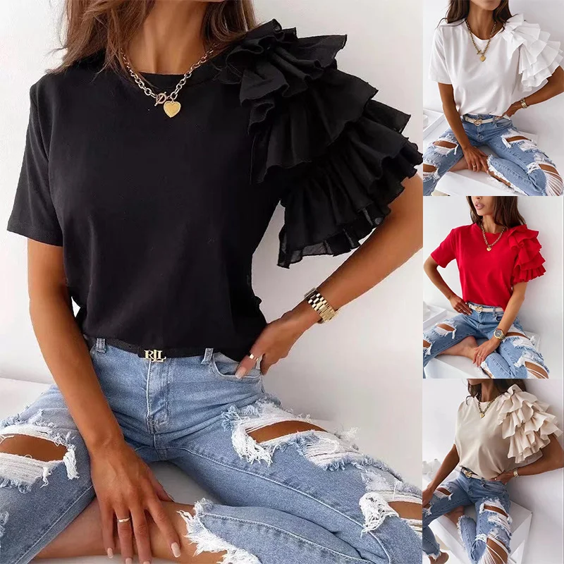 Fashion blouse women elegant white Solid Color Layered Ruffle Short Sleeve Asymmetric Loose T-shirt Top for Summer Women Blouses
Fashion blouse women elegant white Solid Color Layered Ruffle Short Sleeve Asymmetric Loose T-shirt Top for Summer Women Blouses