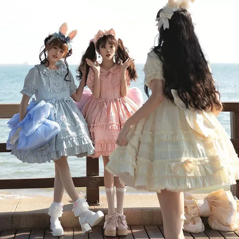 

MAGOGO Japanese Sweet Lolita OP Dress Women Cute Bow Ruffles Solid Princess Dresses Summer Puff Sleeve Doll Collar Kawaii Dress