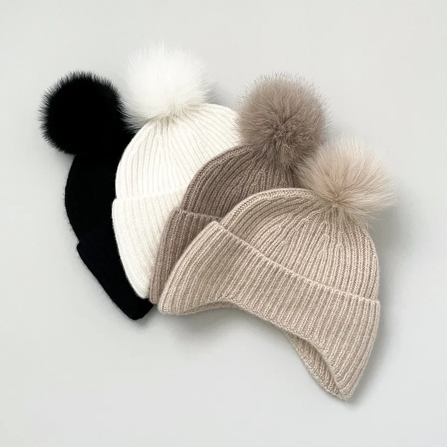 

Women's Cashmere Knit Cap Thickened Warm Wool Cap Wool Ball Cute Cashmere Hat Show Face Small Outdoor Cold Sweater Hat