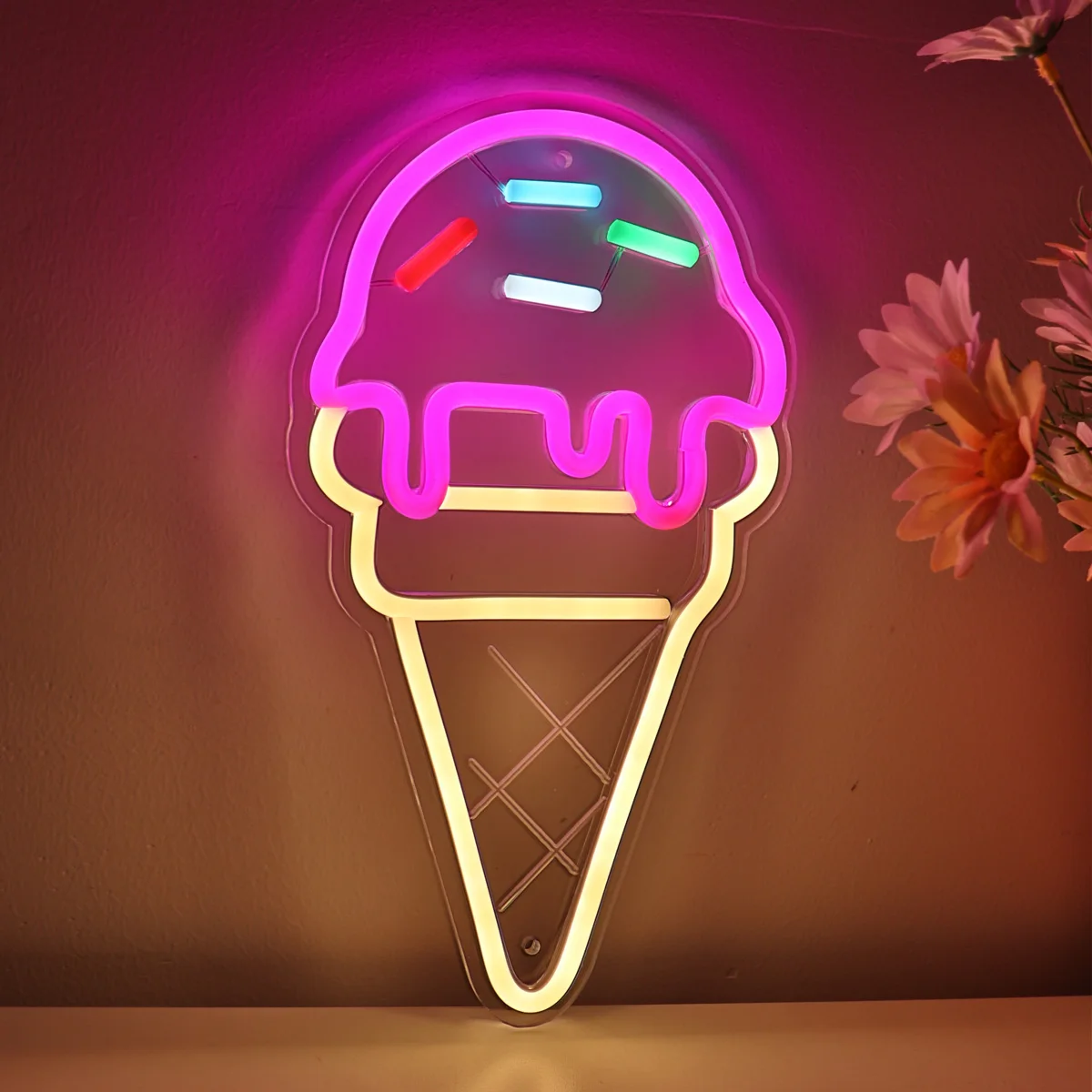 

1PC Ice-cream Cone With Sugar Sprinkles LED Wall Neon Sign For Shop Party Dessert Ice Cream Shop Decoration 6.46''*11.65''