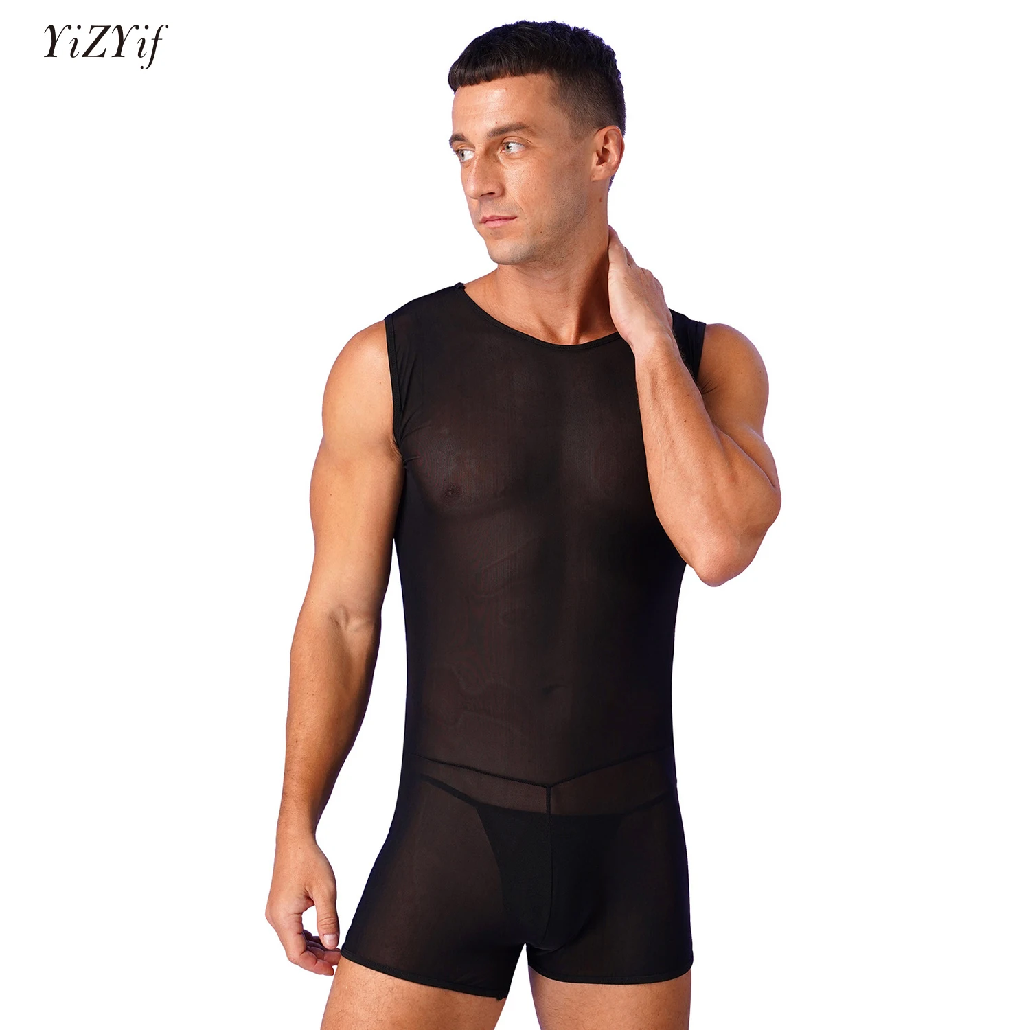 

Mens Tank Leotard Bodysuit with Thong Lingerie Set See Through Sheer Shorts Singlet Jumpsuit Muscle Showing Tempting Underwear