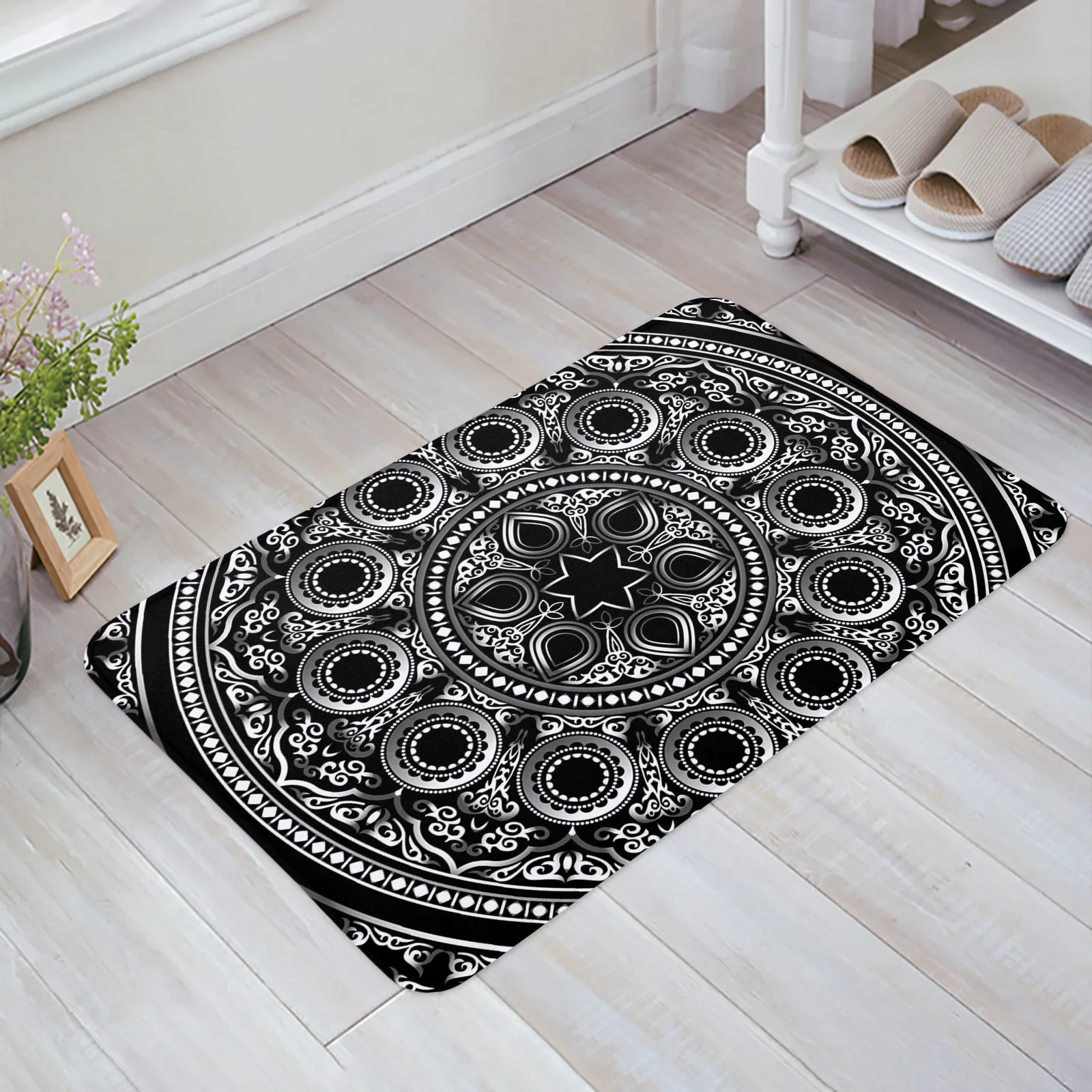 

Черный домашний коврик с геометрическим рисунком мандалы, декоративный фланелевый мягкий ковер для гостиной, кухни, балкона, напольный коврик для спальни