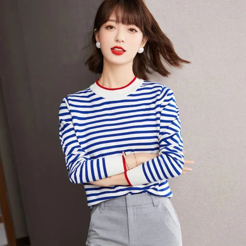 2023 Spring and Autumn Striped Knitted Bottom Shirt for Women's New Fashion Long Sleeve Upwear Early Autumn Women's Sweater
2023 Spring and Autumn Striped Knitted Bottom Shirt for Women's New Fashion Long Sleeve Upwear Early Autumn Women's Sweater