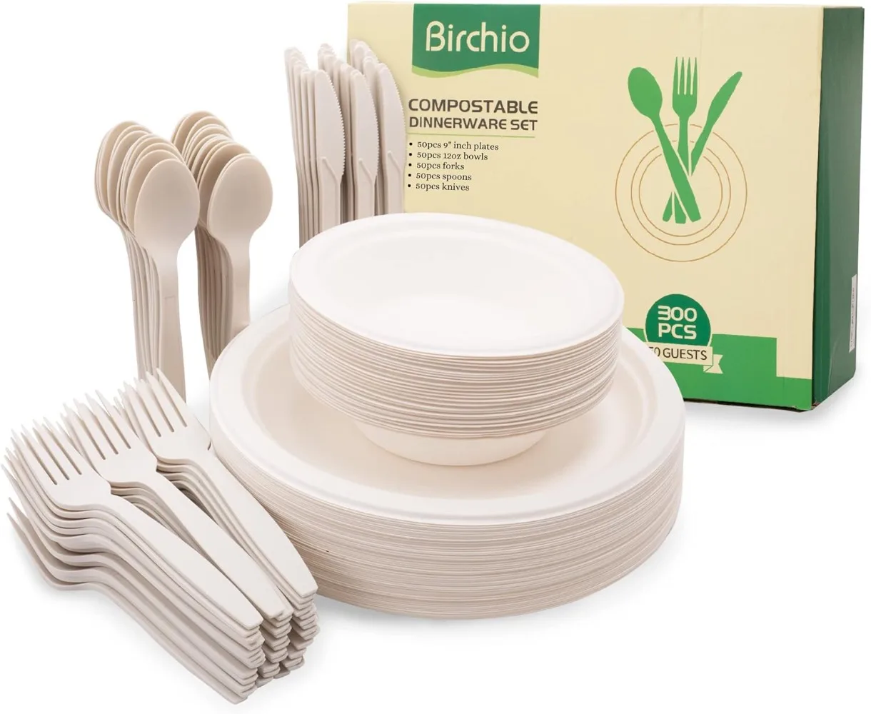 

250 Piece (50 Sets) Biodegradable Paper Plates Set (EXTRA LONG UTENSILS), Disposable Dinnerware Set, Dishes and Plates Sets