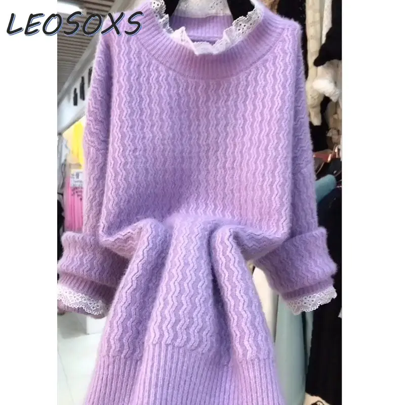 2023 Autumn and Winter Korean Long Sleeve Pullover Sweater Loose Temperament Outer Wear Western Style Purple Sweaters Top Women
2023 Autumn and Winter Korean Long Sleeve Pullover Sweater Loose Temperament Outer Wear Western Style Purple Sweaters Top Women