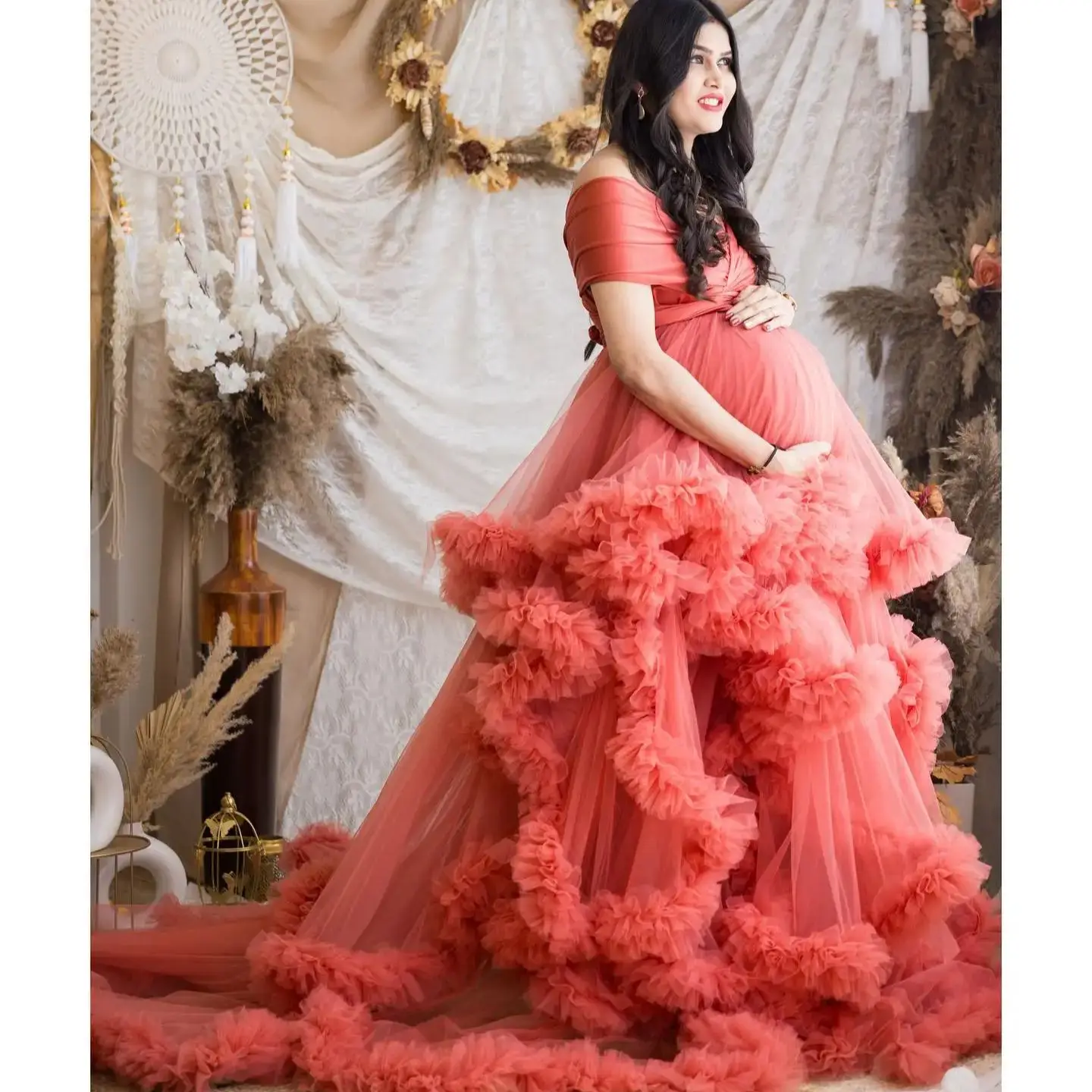 

Pink Tulle Maternity Dresses for Photo Shoot Ruched Baby Shower For Women Ruffles Robes Pregnancy Dress Vestido Sweep Train