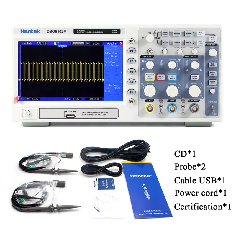 Hantek DSO5102P Digital Oscilloscope 100MHz 2Channels 1GSa/s Real Time Sample Rate USB host Device connectivity 7 Inch
Hantek DSO5102P Digital Oscilloscope 100MHz 2Channels 1GSa/s Real Time Sample Rate USB host Device connectivity 7 Inch