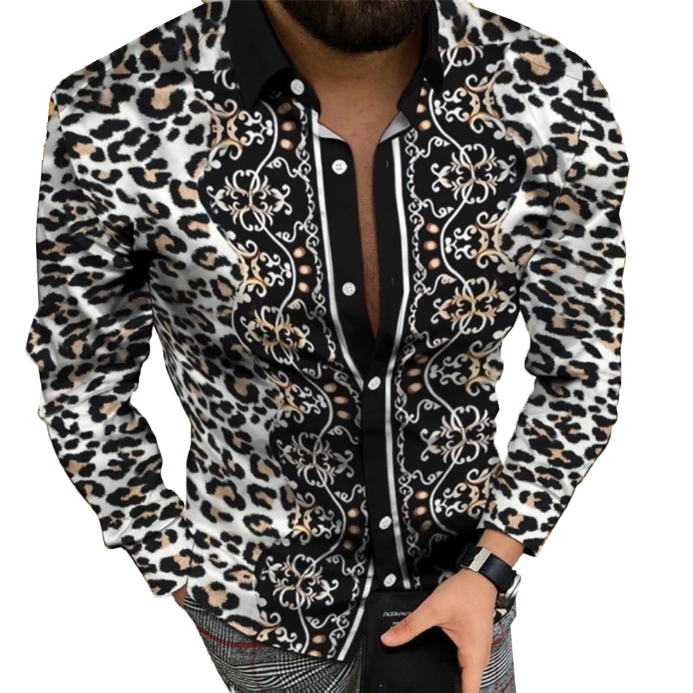 

Stylish Baroque Printed Muscle Fitness Shirt, Men's Long Sleeve Hawaiian Style Shirt, Button Down Party Dress, Band Collar