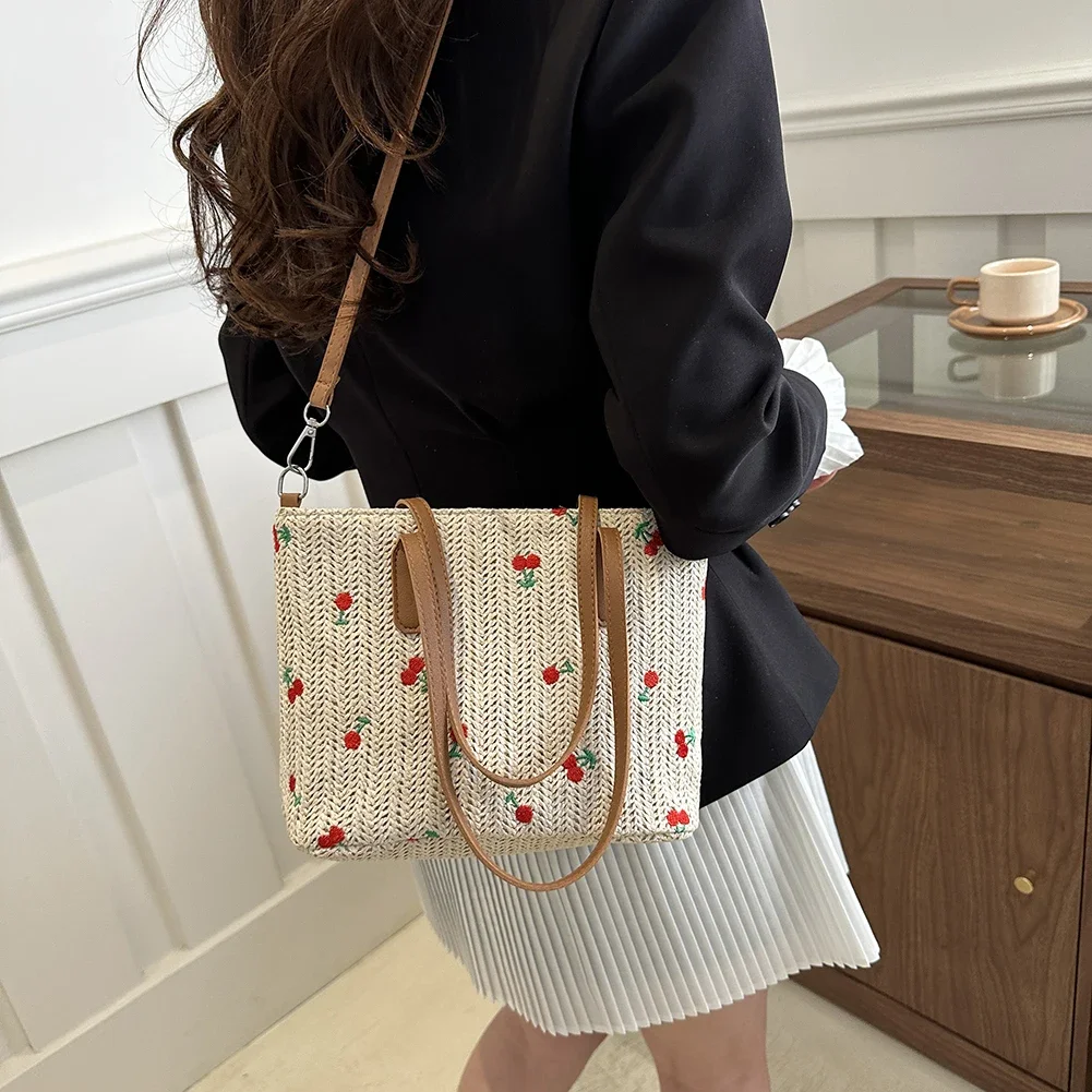 Cherry Straw Woven Tote - Multi-Way Raffia Summer Shopper Bag 4 Se7e05ab0c4e94f1889893e68ba4fb2ecg