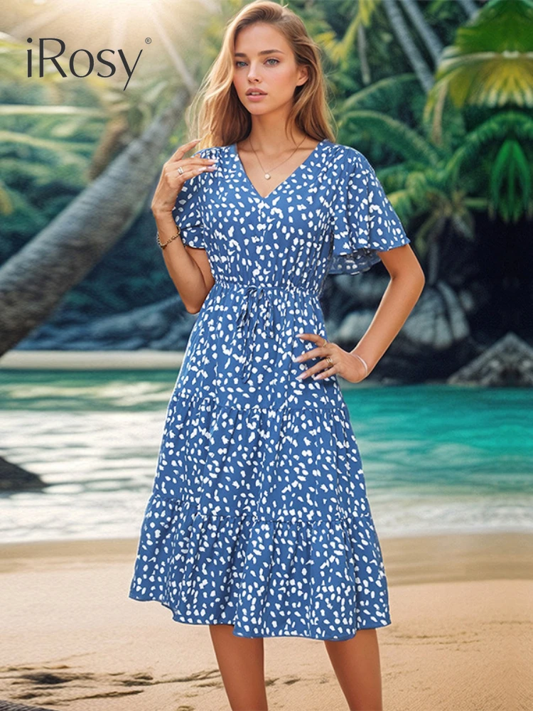 

2024 New in Women's Dots Print Short Ruffle Sleeve V Neck Midi Dresses with Pockets Summer Casual Vacation Blue Dress for Ladies