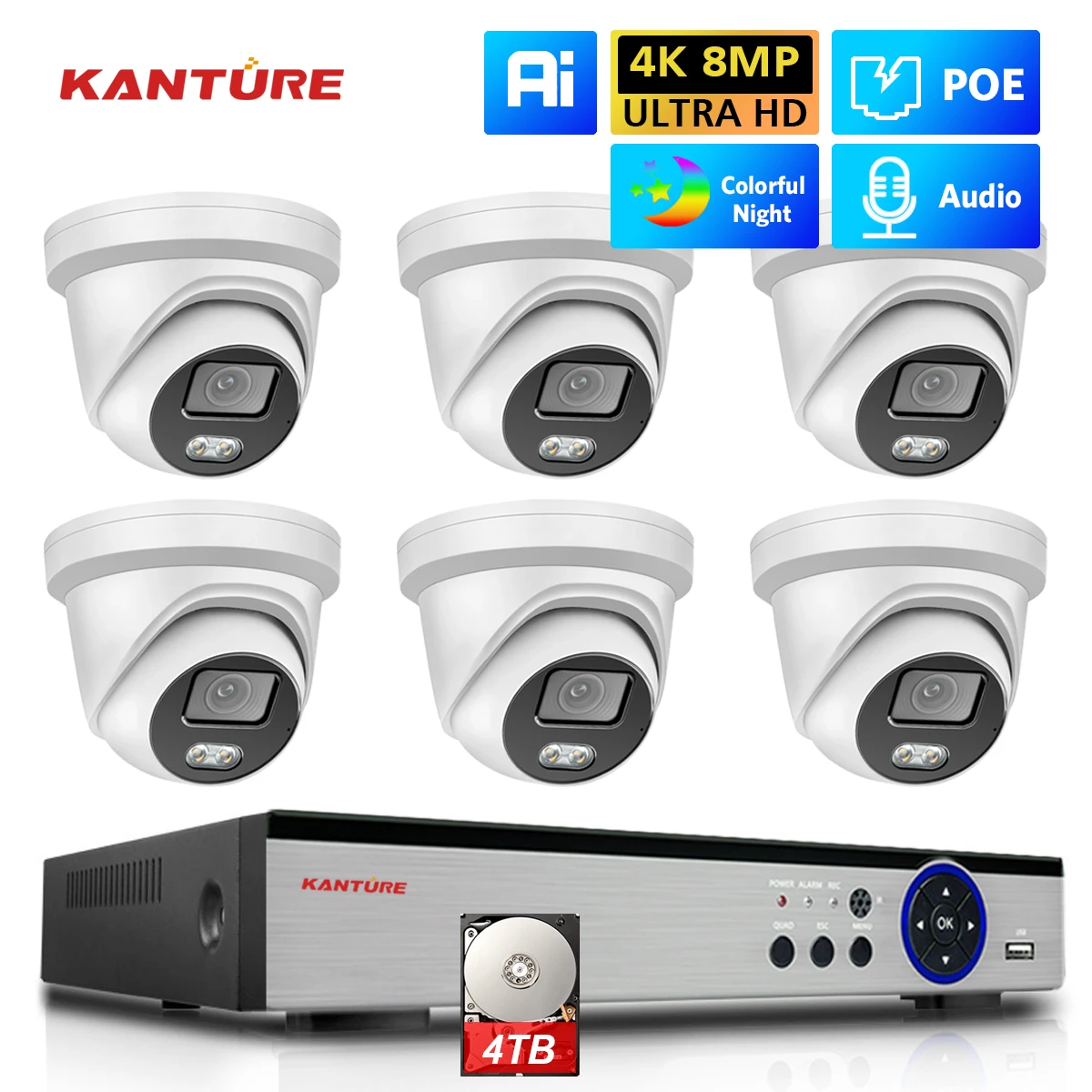 KANTURE 8CH камера видеонаблюдения системы безопасности 4K POE NVR Kit аудио Водонепроницаемая комнатная наружная купольная Ip-камера 8mp цветная Ночная камера
KANTURE 8CH камера видеонаблюдения системы безопасности 4K POE NVR Kit аудио Водонепроницаемая комнатная наружная купольная Ip-камера 8mp цветная Ночная камера