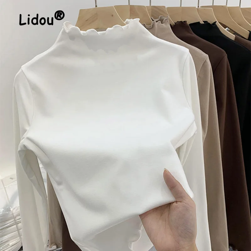 

Solid Color Plush Bottoming Shirt Women Interior Lapping High-quality Long Sleeve Turtleneck Agaric Edge Autumn Winter Top 2022