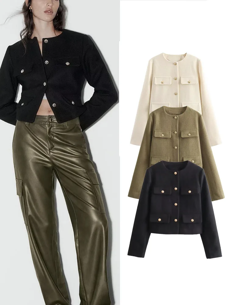 TRAF Fashion Short Jacket For Women Elegant Single-breasted Long Sleeve O-Neck Coats Chic Office Lady Solid Slim Commuter Coat
TRAF Fashion Short Jacket For Women Elegant Single-breasted Long Sleeve O-Neck Coats Chic Office Lady Solid Slim Commuter Coat