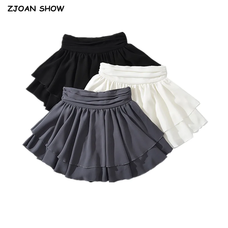 

2023 Fashion Ruched High Waist Ruffles Swing Mini Skirts With Bud Shorts Underwear Lining Skater Skirts Gray black white