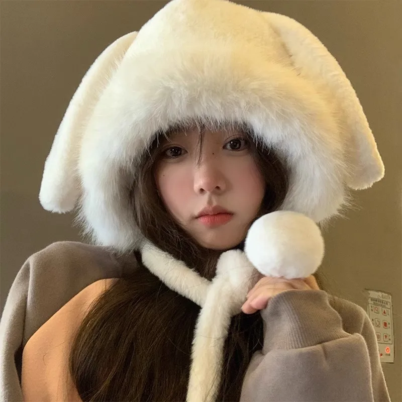 

Girls Cute Hairball Hat Long Ears Rabbit Knitted Cap Winter Sweet Earmuffs Korean Version Plush Lei Feng Hat Women Trend Caps