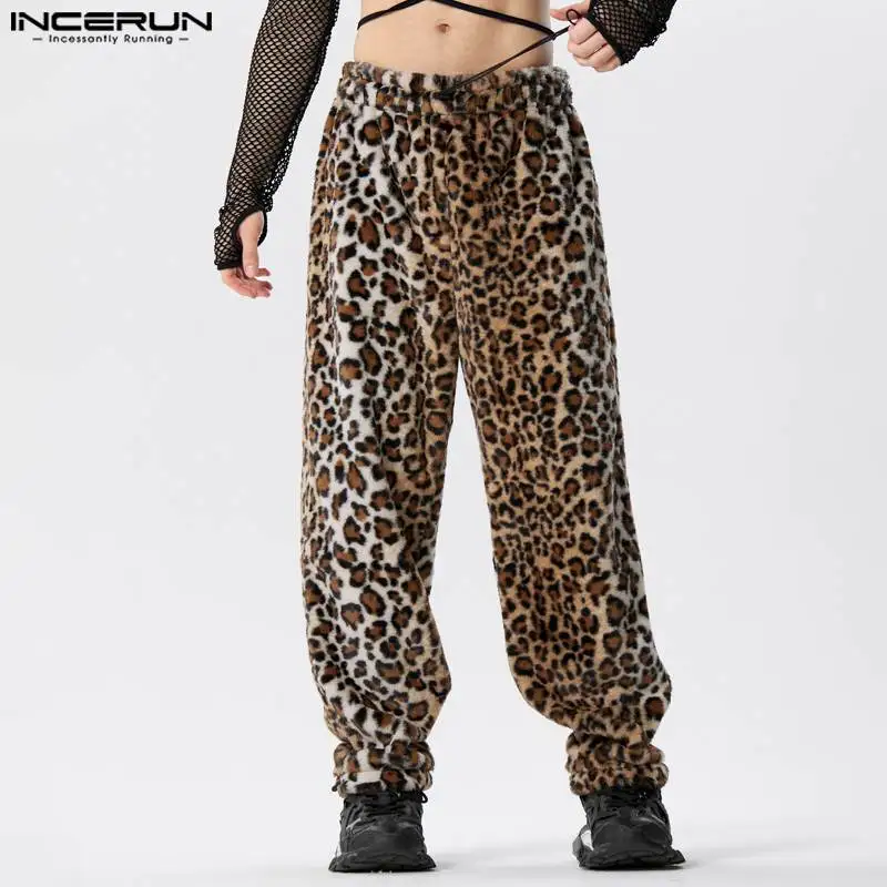 

INCERUN 2024 Sexy Personality Trousers American Style New Men Leopard Print Pattern Plush Pants Fashionable Male Pantalons S-5XL