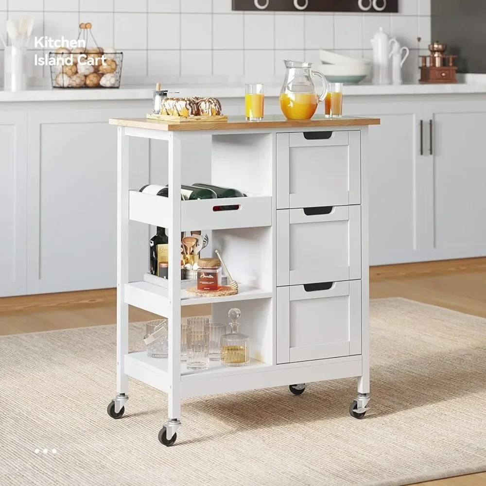 

Rolling Portable Dining Room Serving Utility Carts Mobile Movable With 3 Drawers Cabinet Storage Furniture Oak & White Bar Cart