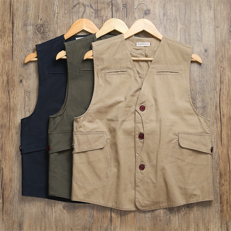 

Men Cargo Canvas Waistcoat Cotton Pocket Khaki Vintage Hunting Outdoor Camping Simple Fashion Sport Solid Color Vest