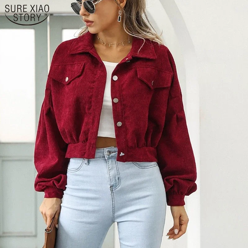 

Women Jacket Winter Spring Vintage Corduroy Coat Overcoat Single Breasted Outwear Tops Lantern Sleeve Women Jackets 18047