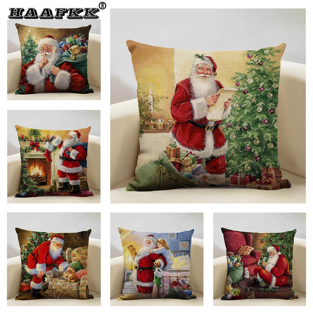 

Christmas Series Cushion Cover Sofa Decorative Pillow Cover Christmas Tree Santa Claus Pillowcase 45x45cm Linen Merry Christmas