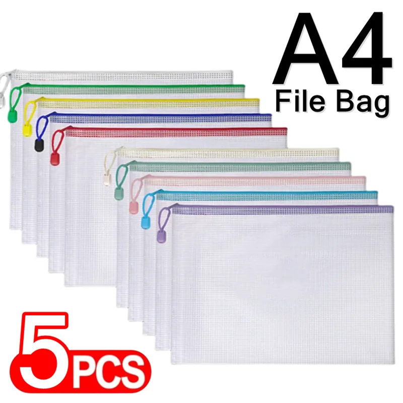 

File Folder Organizer Plastic Files Pouch Zipper PVC Storage Bag Folders School Supplies Mesh For Home Office Student stationery