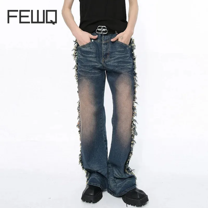 

FEWQ 2024 Jeans New Tassels Straight Leg Pants Spring Summer Zipper Contrast Color High Street Male Trousers Fashion Tide 9C5255