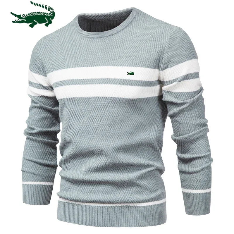 

Новинка 2024, высококачественный мужской зимний полосатый свитер для мальчиков, плотные теплые пуловеры, мужские Базовые повседневные облегающие удобные свитера с круглым вырезом