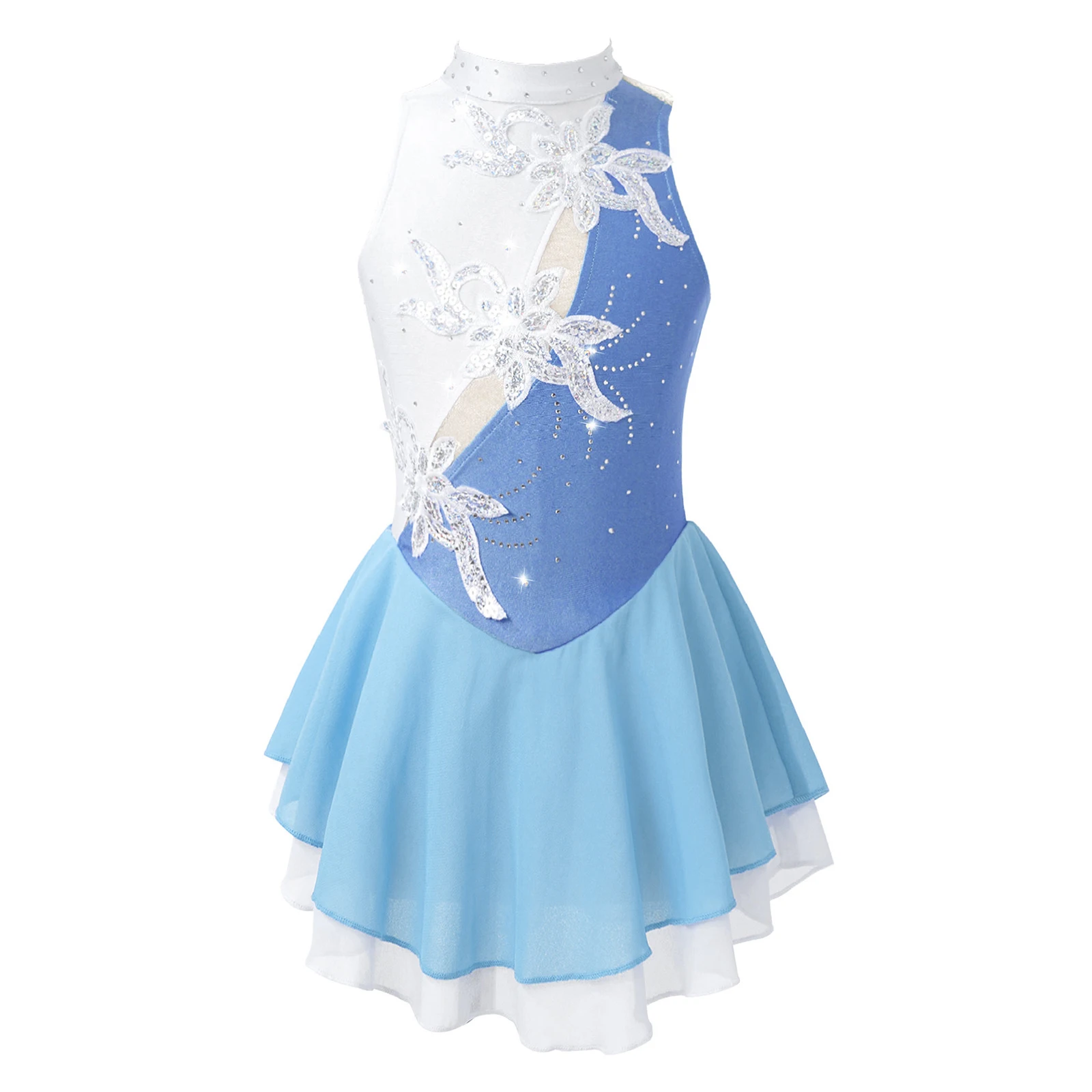 

Детское балетное танцевальное платье для девочек, блестящее цветочное украшение без рукавов и с блестками, гимнастическое трико с вырезами на спине, танцевальное платье для фигурного катания на коньках
