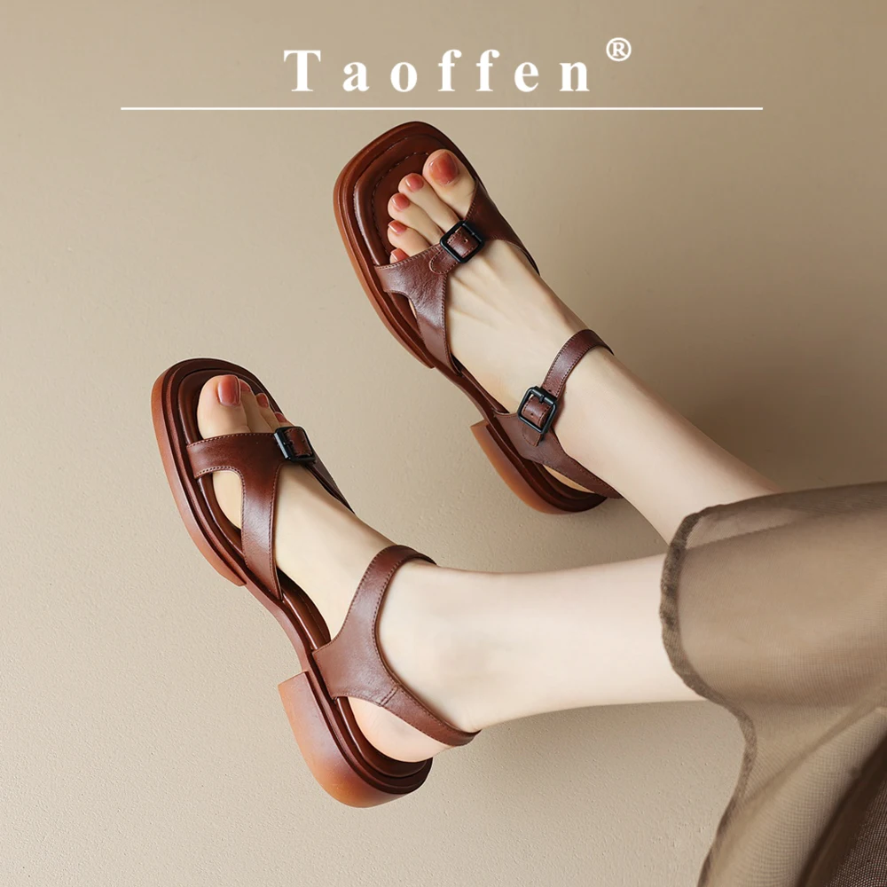 

Женские босоножки из натуральной коровьей кожи Taoffen, повседневные винтажные сандалии с открытым носком и ремешком с пряжкой рома